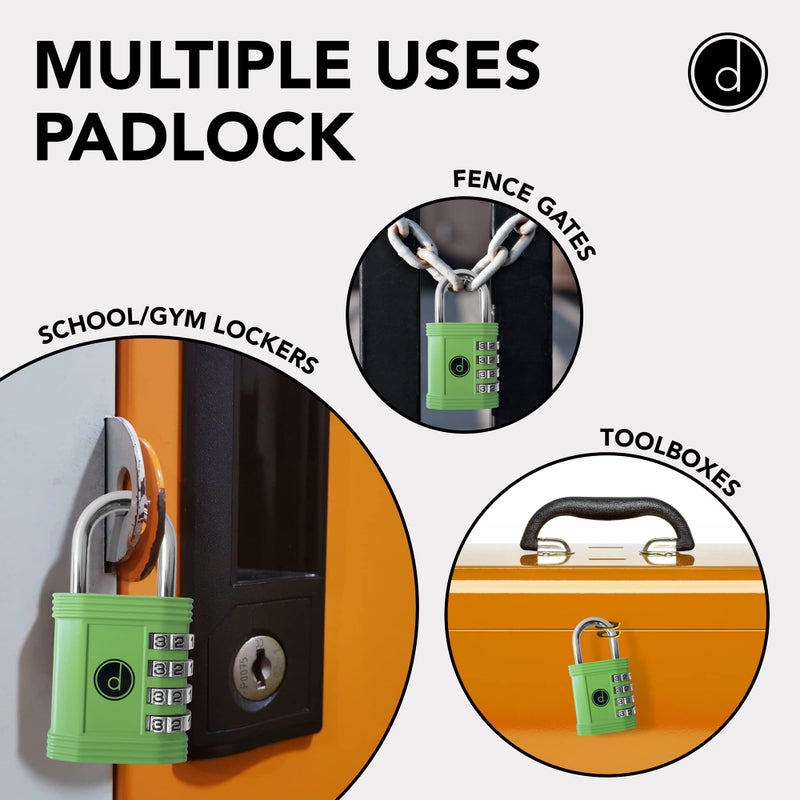 desired tools Padlock 4 Digit Combination Lock - for Gym School Locker, Outdoor Gate, Shed, Fence, and Storage - Weatherproof Metal - Keyless, Easy to Set, Resettable - Green - Image 3